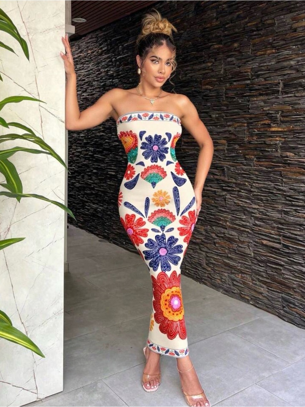 SHEIN White Midi Dress with Red, Blue and Orange Floral Print